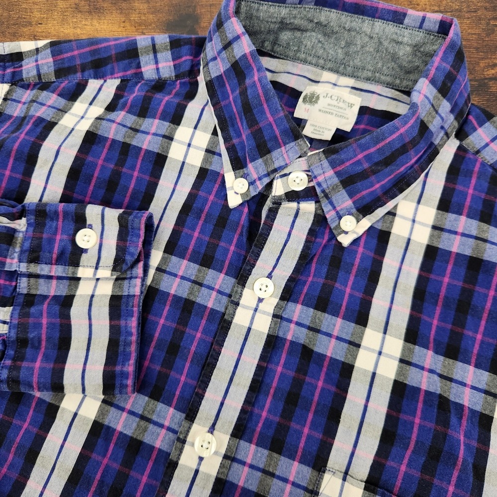 J.Crew Mens Long Sleeve Button Down Washed Tartan Purple Pink White Plaid Medium